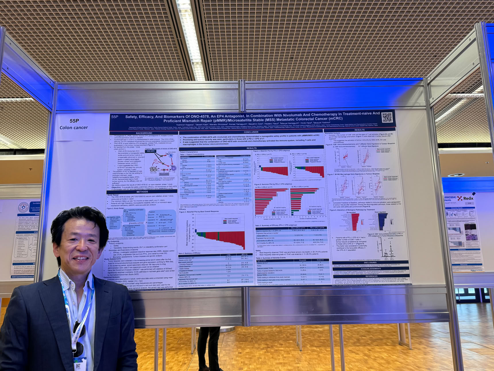 ミスマッチ修復機能を有する(pMMR)/マイクロサテライト安定性(MSS)の未治療の進行大腸癌に対して、EP4(プロスタグランジンE受容体4)アンタゴニストであるONO-4578とニボルマブ、化学療法の併用が有用である可能性が明らかとなった。併用療法を評価するフェーズ1試験であるONO-4578-02試験で忍容性が認められ、抗腫瘍効果が認められたことを発表しました。特にPD-L1発現がCPS1以上の患者で抗腫瘍効果が高かったところがポイントです。 Safety, Efficacy, And Biomarkers Of ONO-4578, An EP4 Antagonist, In Combination With Nivolumab And Chemotherapy In Treatment-naive And Proficient Mismatch Repair (pMMR)/Microsatellite Stable (MSS) Metastatic Colorectal Cancer (mCRC) Yoshinori Kagawa, Takeshi Kato, Manabu Shiozawa, Kensei Yamaguchi, Masahiro Goto, Hisateru Yasui, Tetsuya Hamaguchi, Hiroki Hara, Takayuki Yoshino ミスマッチ修復機能を有する(pMMR)/マイクロサテライト安定性(MSS)の未治療の進行大腸癌に対して、EP4(プロスタグランジンE受容体4)アンタゴニストであるONO-4578とニボルマブ、化学療法の併用が有用である可能性が明らかとなった。併用療法を評価するフェーズ1試験であるONO-4578-02試験で忍容性が認められ、抗腫瘍効果が認められたことを発表しました。特にPD-L1発現がCPS1以上の患者で抗腫瘍効果が高かったところがポイントです。 Safety, Efficacy, And Biomarkers Of ONO-4578, An EP4 Antagonist, In Combination With Nivolumab And Chemotherapy In Treatment-naive And Proficient Mismatch Repair (pMMR)/Microsatellite Stable (MSS) Metastatic Colorectal Cancer (mCRC) Yoshinori Kagawa, Takeshi Kato, Manabu Shiozawa, Kensei Yamaguchi, Masahiro Goto, Hisateru Yasui, Tetsuya Hamaguchi, Hiroki Hara, Takayuki Yoshino