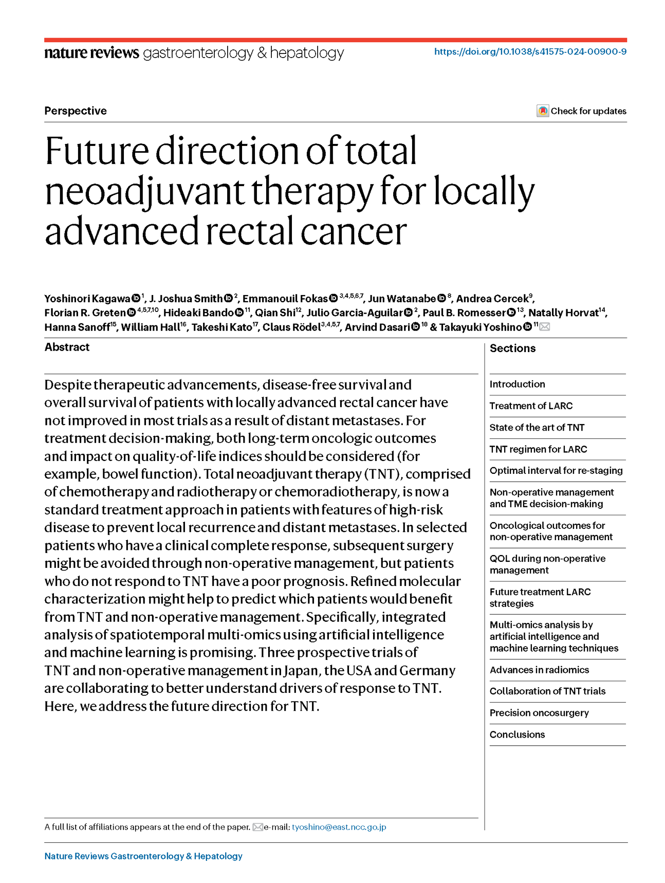 Yoshinori Kagawa, J. Joshua Smith, Emmanouil Fokas, Jun Watanabe, Andrea Cercek, Florian R. Greten, Hideaki Bando, Qian Shi, Julio Garcia-Aguilar, Paul B. Romesser, Natally Horvat, Hanna Sanoff, William Hall, Takeshi Kato, Claus Rödel, Arvind Dasari & Takayuki Yoshino 　Future direction of total neoadjuvant therapy for locally advanced rectal cancer　Nature Reviews Yoshinori Kagawa TNT rectal cancer 直腸温存　直腸癌　賀川義規　大阪国際がんセンター